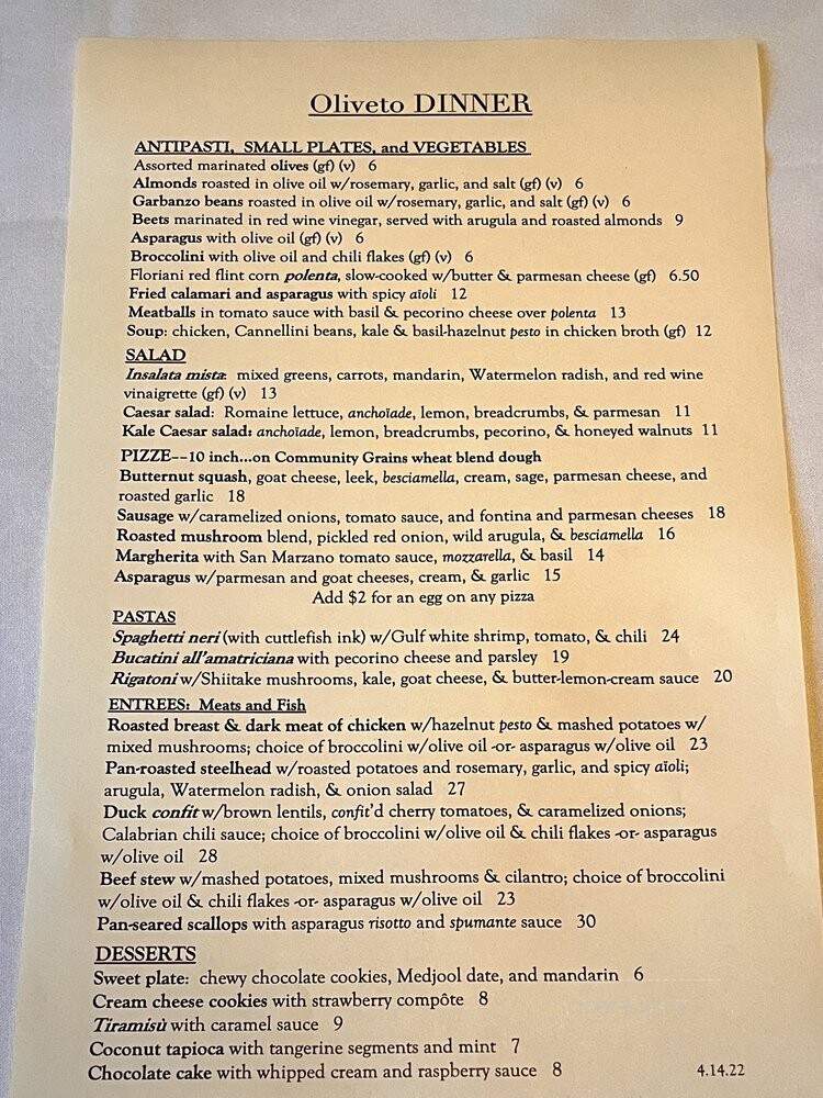 Oliveto Restaurant - Oakland, CA menu_pic