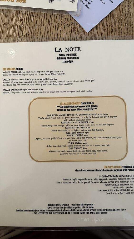 La Note Restaurant Provencal - Berkeley, CA menu_pic