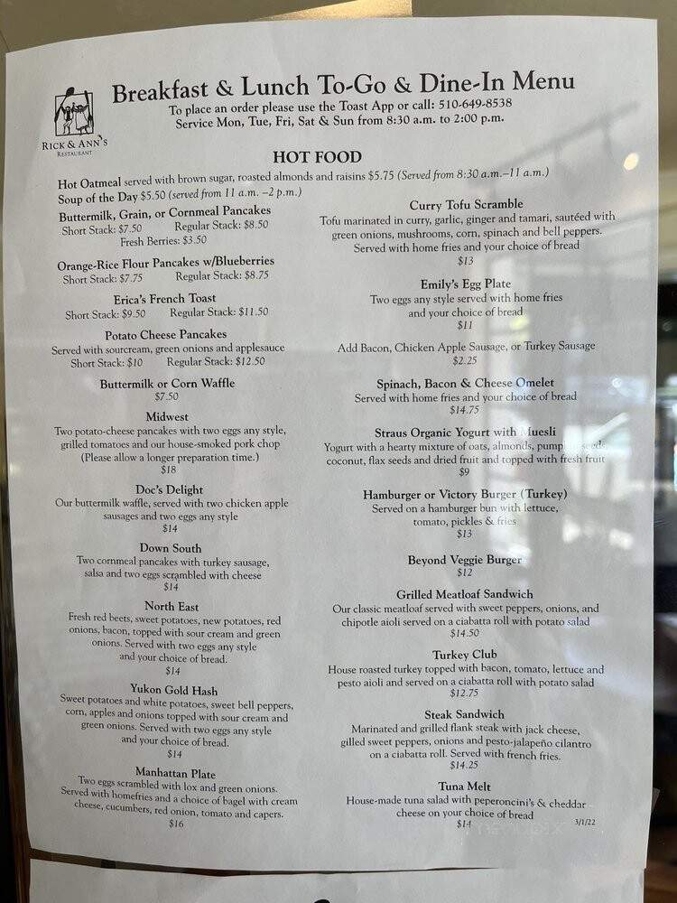 Rick & Ann's Restaurant - Berkeley, CA menu_pic