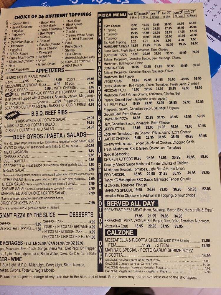 Marina Pizza Parlor - San Leandro, CA menu_pic