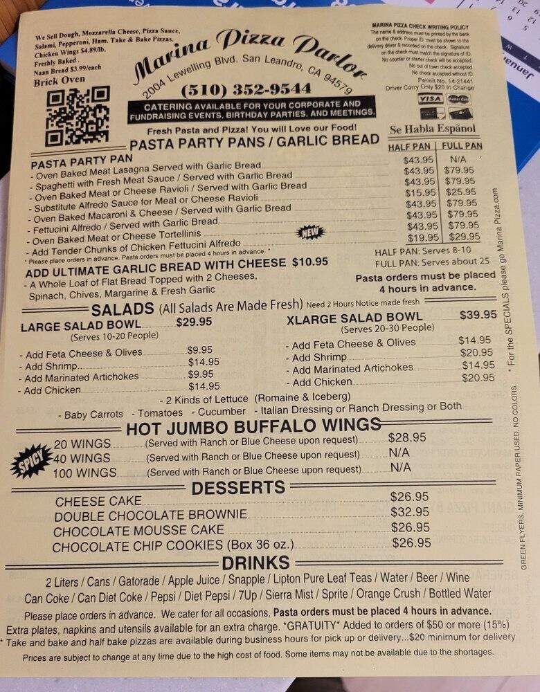 Marina Pizza Parlor - San Leandro, CA menu_pic