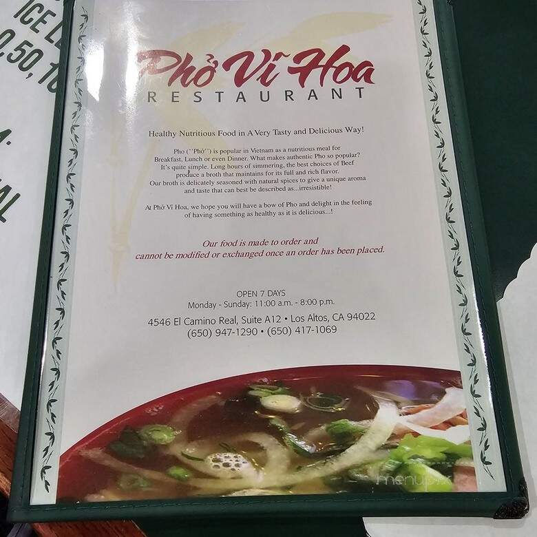 Pho Vi Hoa - Los Altos, CA menu_pic