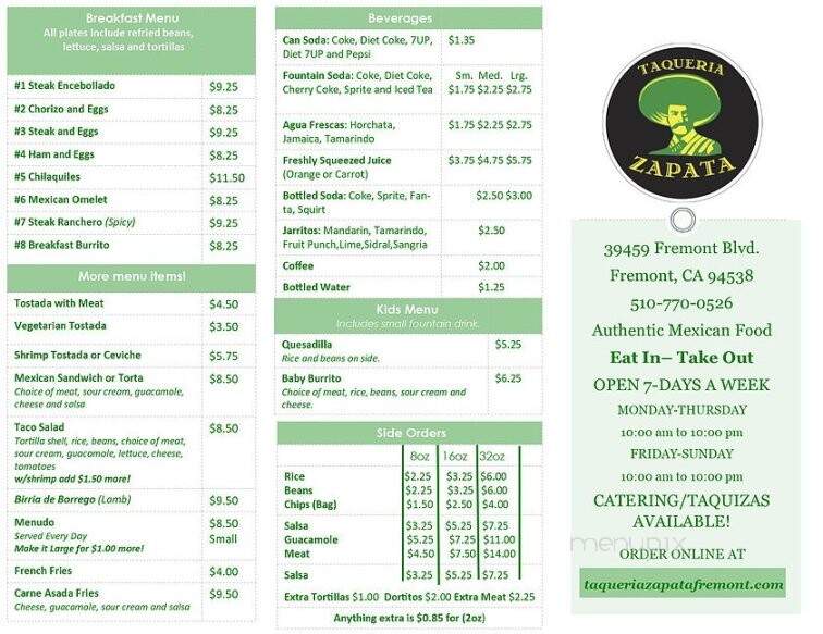 Taqueria Zapata - Fremont, CA menu_pic