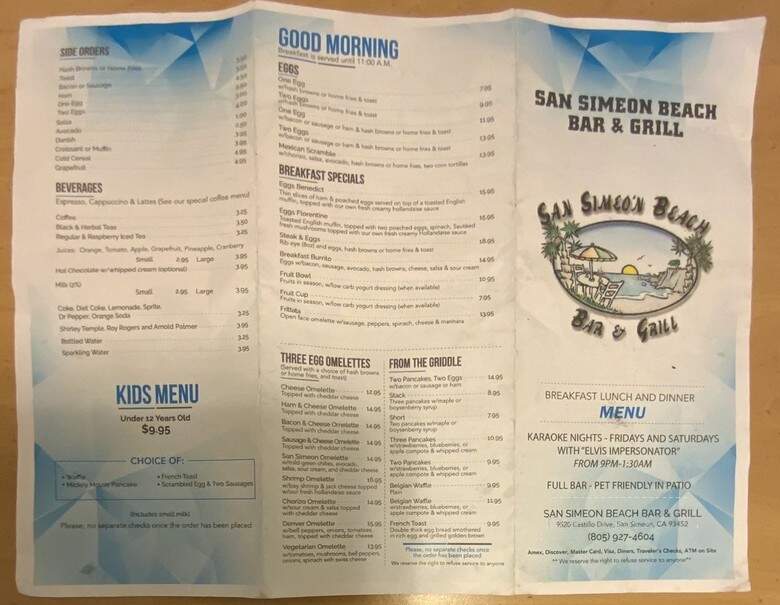 San Simeon Restaurant - San Simeon, CA menu_pic