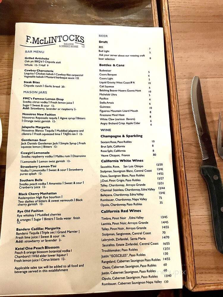 F McLintocks Saloon & Dining - Pismo Beach, CA menu_pic