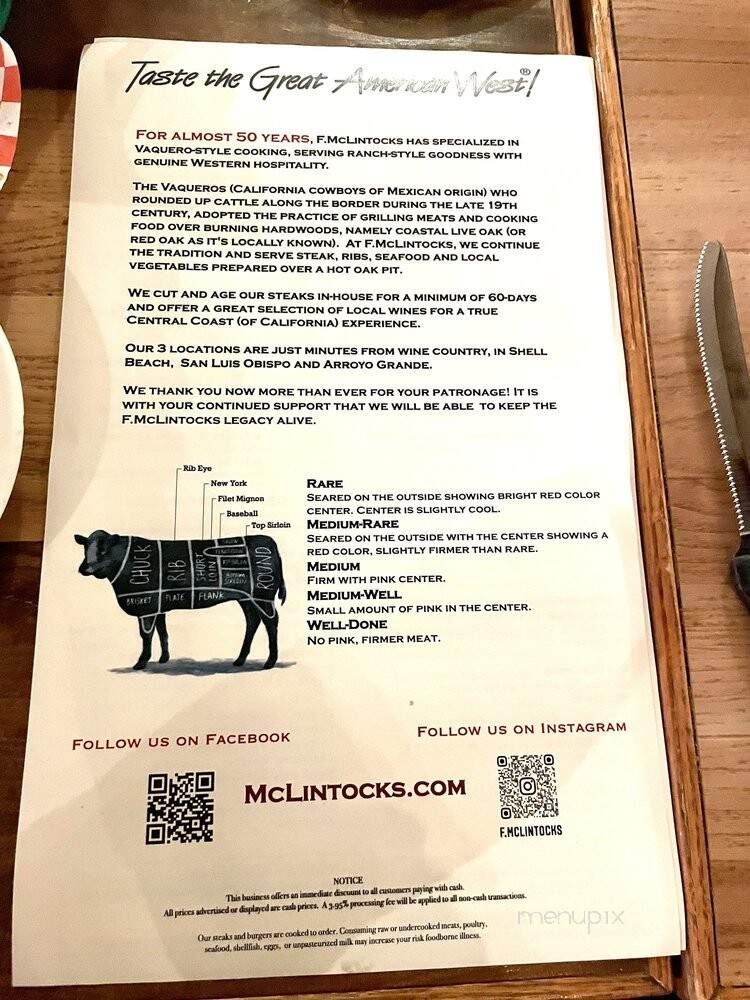 F McLintocks Saloon & Dining - Pismo Beach, CA menu_pic