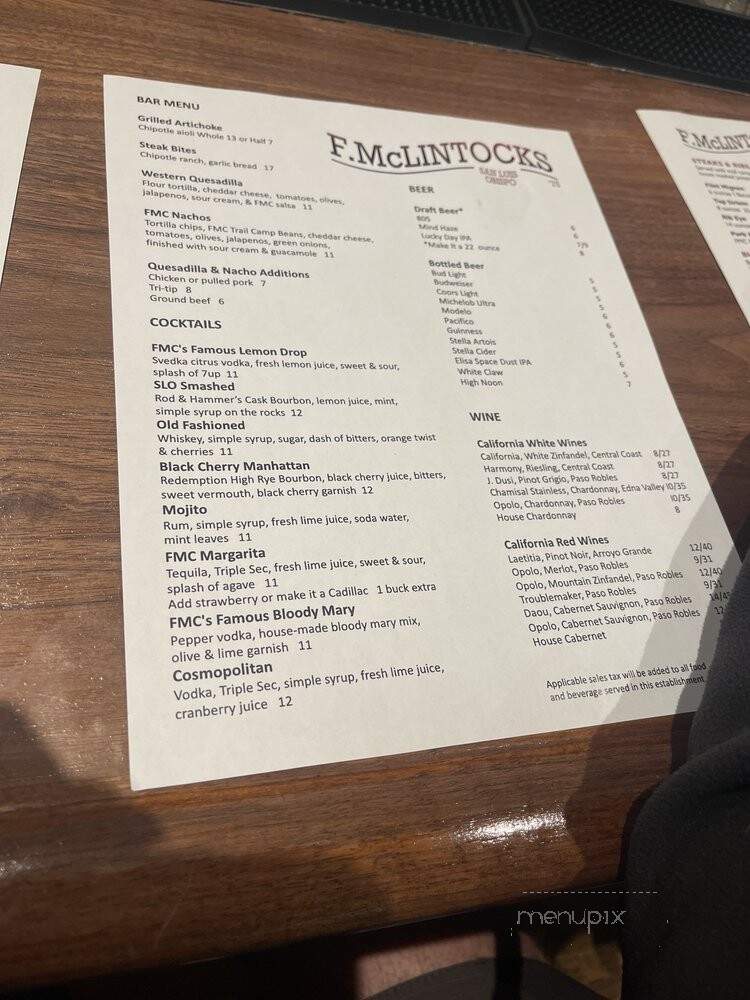 F McLintocks Saloon & Dining - San Luis Obispo, CA menu_pic