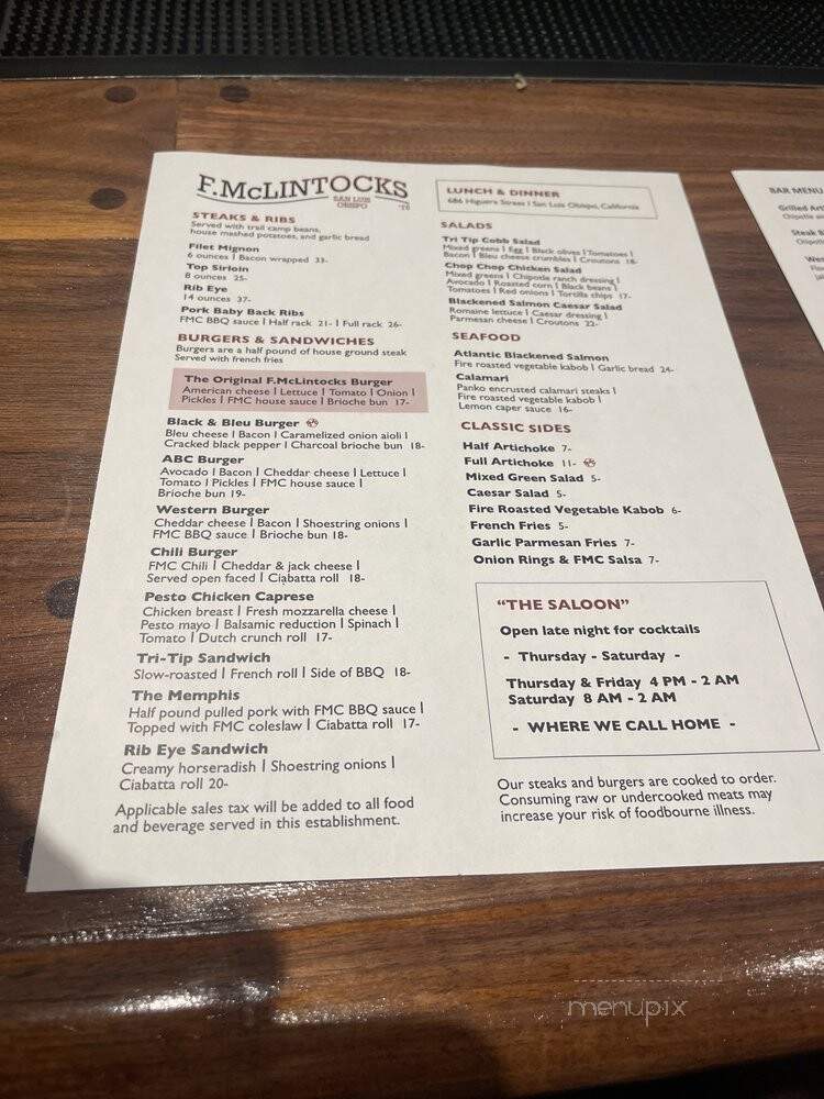 F McLintocks Saloon & Dining - San Luis Obispo, CA menu_pic