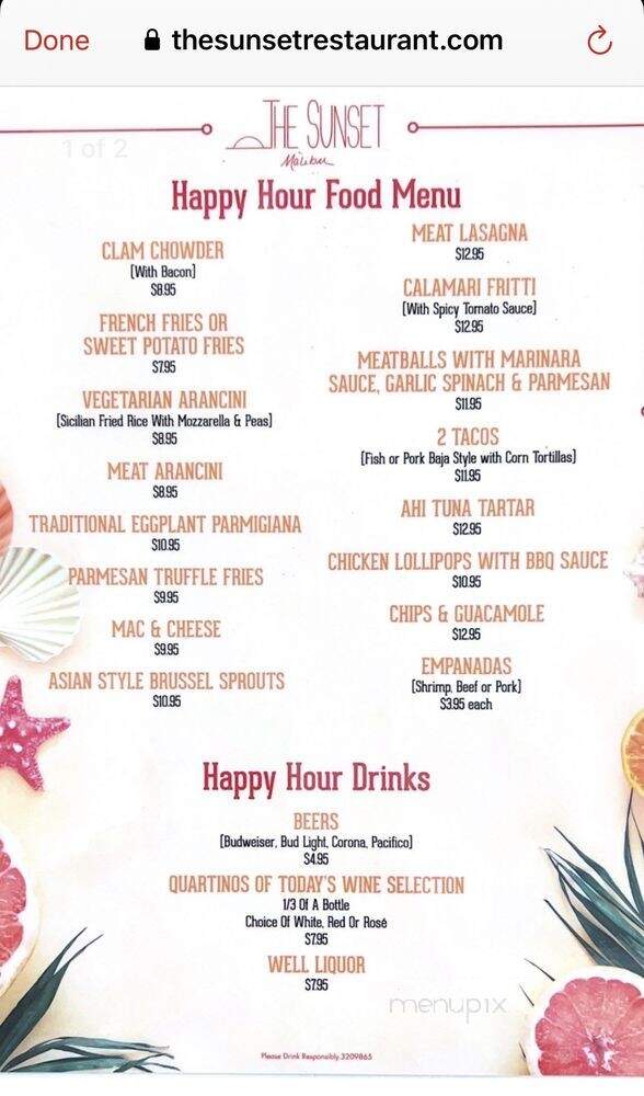 Sunset Restaurant & Beach - Malibu, CA menu_pic