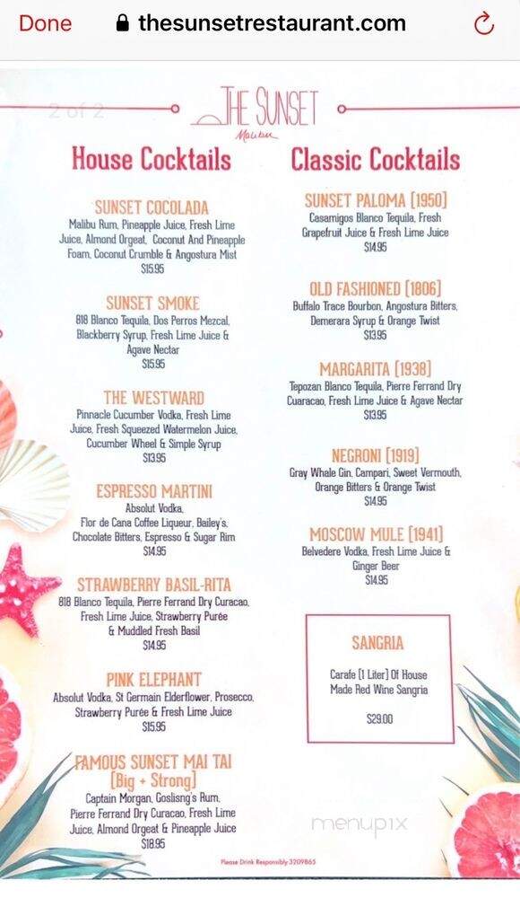 Sunset Restaurant & Beach - Malibu, CA menu_pic