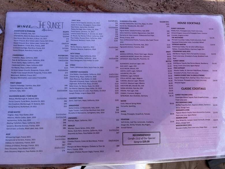 Sunset Restaurant & Beach - Malibu, CA menu_pic