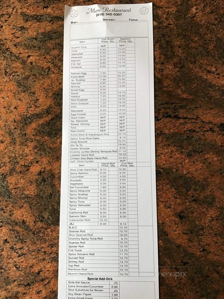 Mon Japanese Restaurant - Tarzana, CA menu_pic