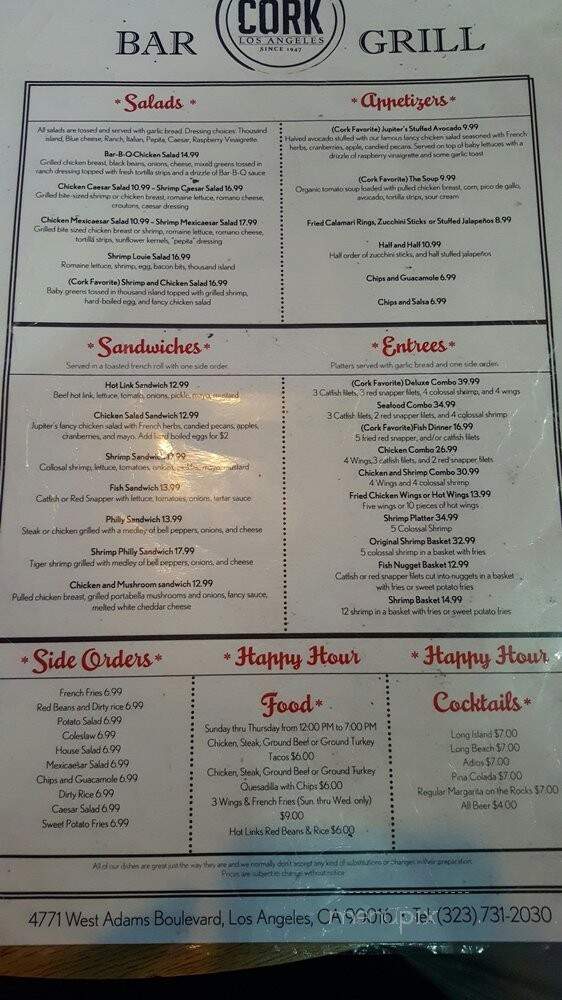 Cork Bar & Grill Restaurant - Los Angeles, CA menu_pic
