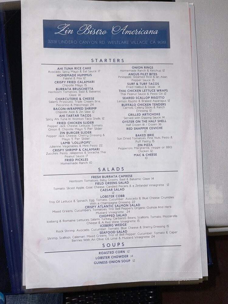 Zin Bistro Americana - Westlake Village, CA menu_pic