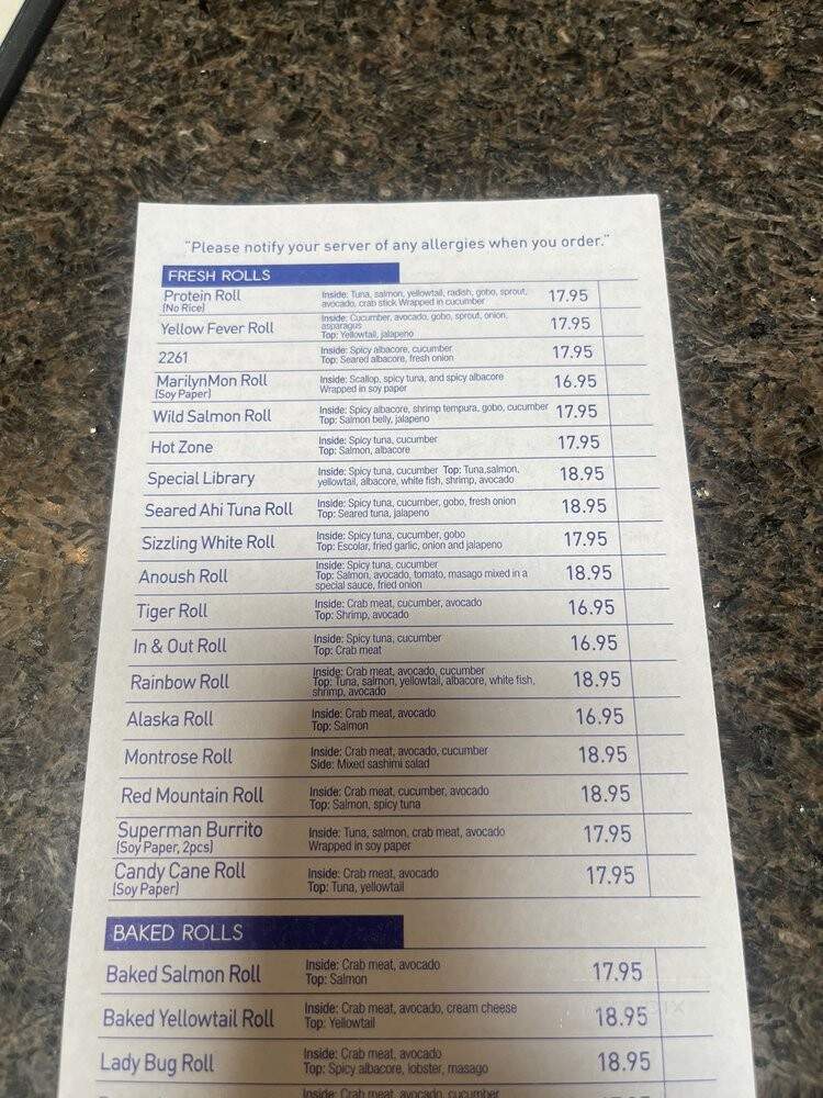 Blue Fish Japanese Restaurant - Montrose, CA menu_pic