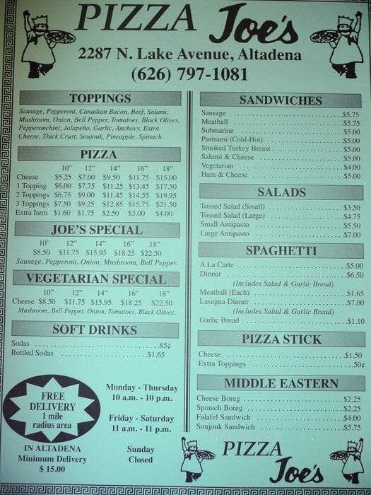 Pizza Joe's - Altadena, CA menu_pic