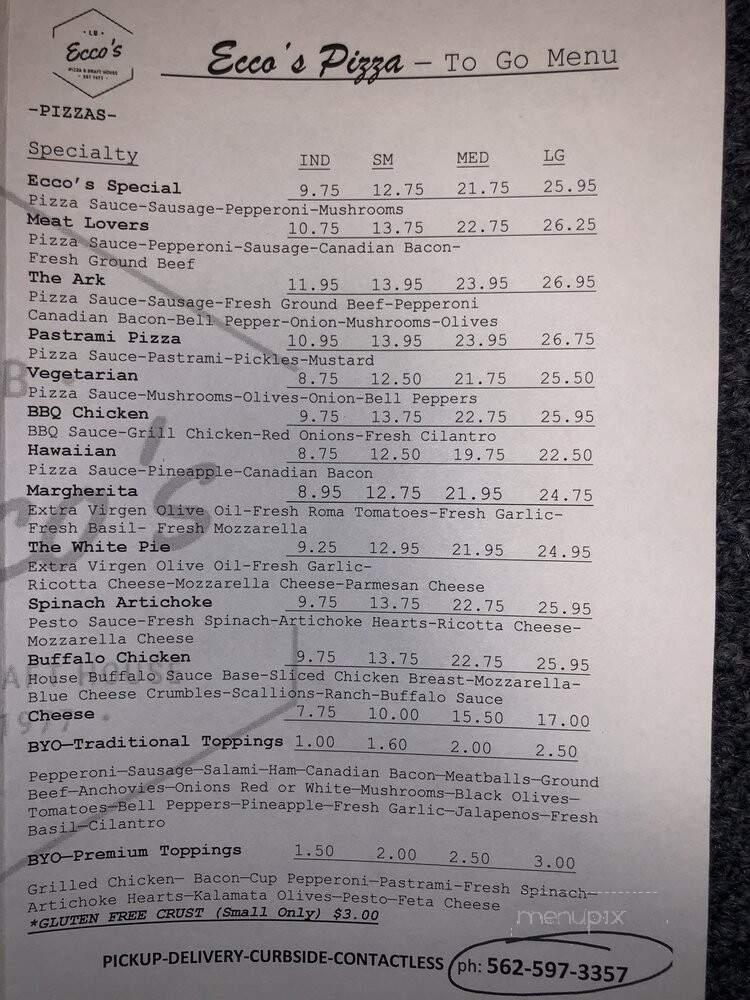 Ecco's Pizza Restaurant - Long Beach, CA menu_pic
