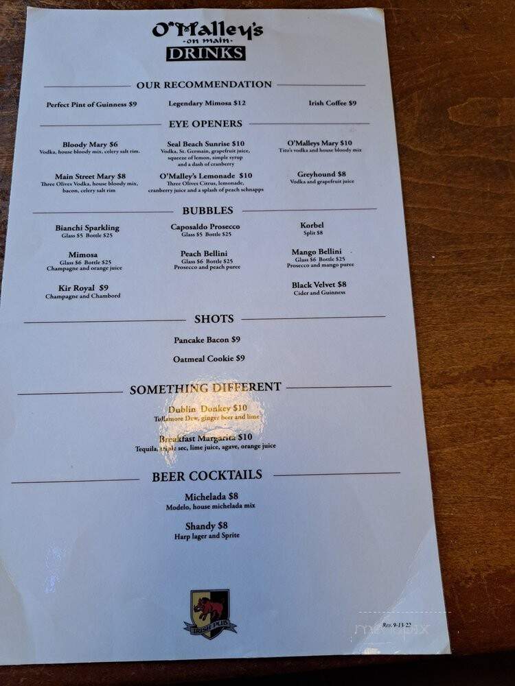 O'Malley's On Main - Seal Beach, CA menu_pic