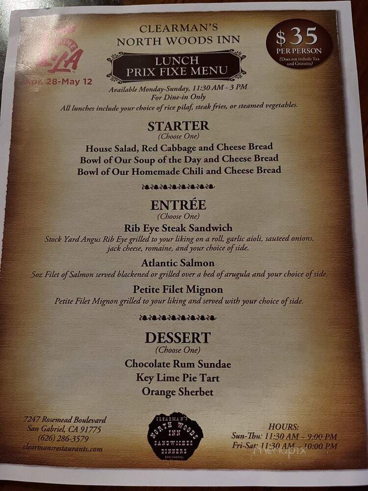 Clearman's North Woods Inn - San Gabriel, CA menu_pic