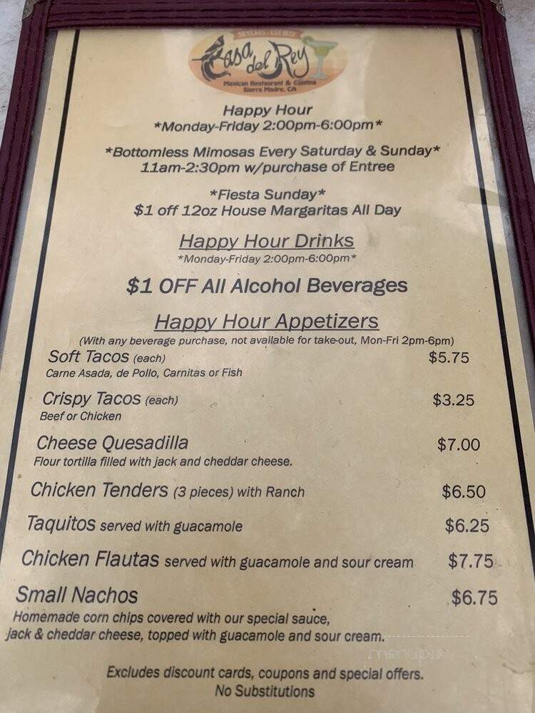 Casa Del Rey - Sierra Madre, CA menu_pic