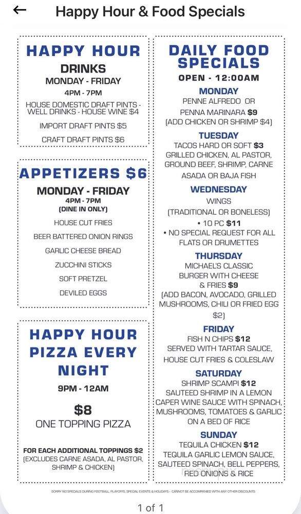 Michael's Sports Pub & Grill - Westminster, CA menu_pic