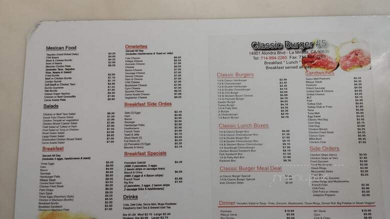 Classic Burgers Cafe - La Mirada, CA menu_pic