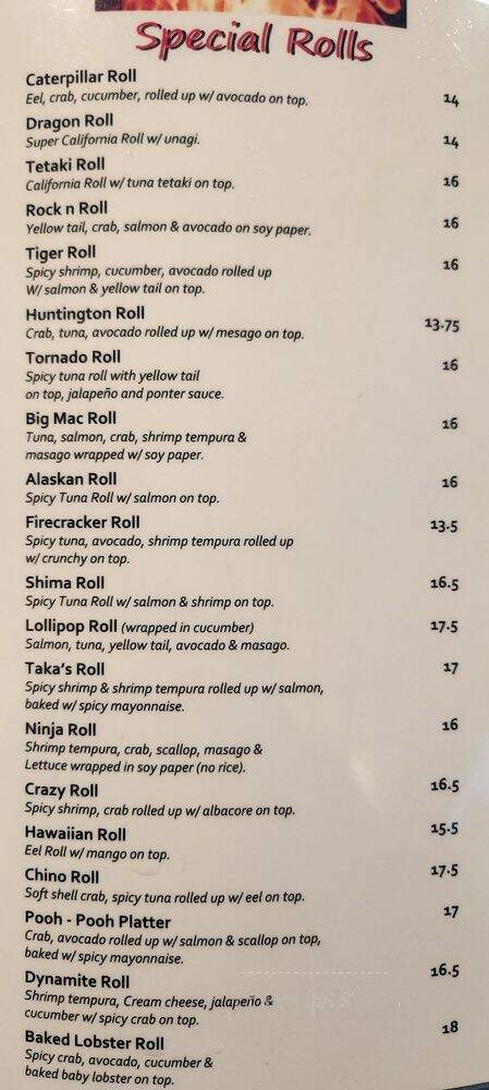 Shima Restaurant - Huntington Beach, CA menu_pic