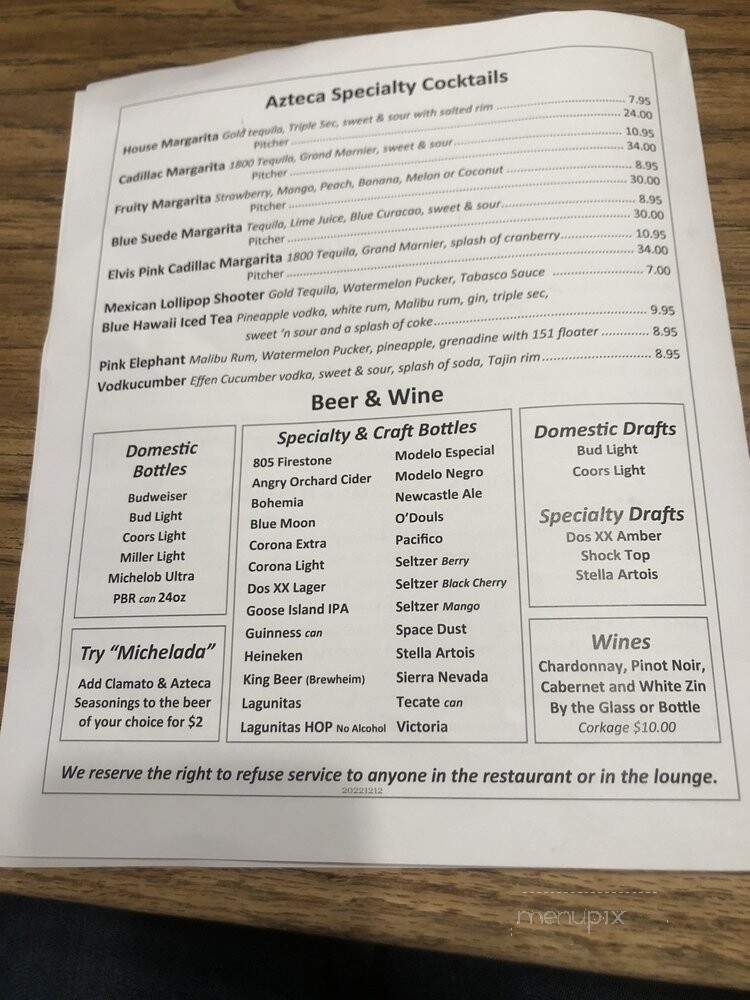 Azteca Restaurant - Garden Grove, CA menu_pic