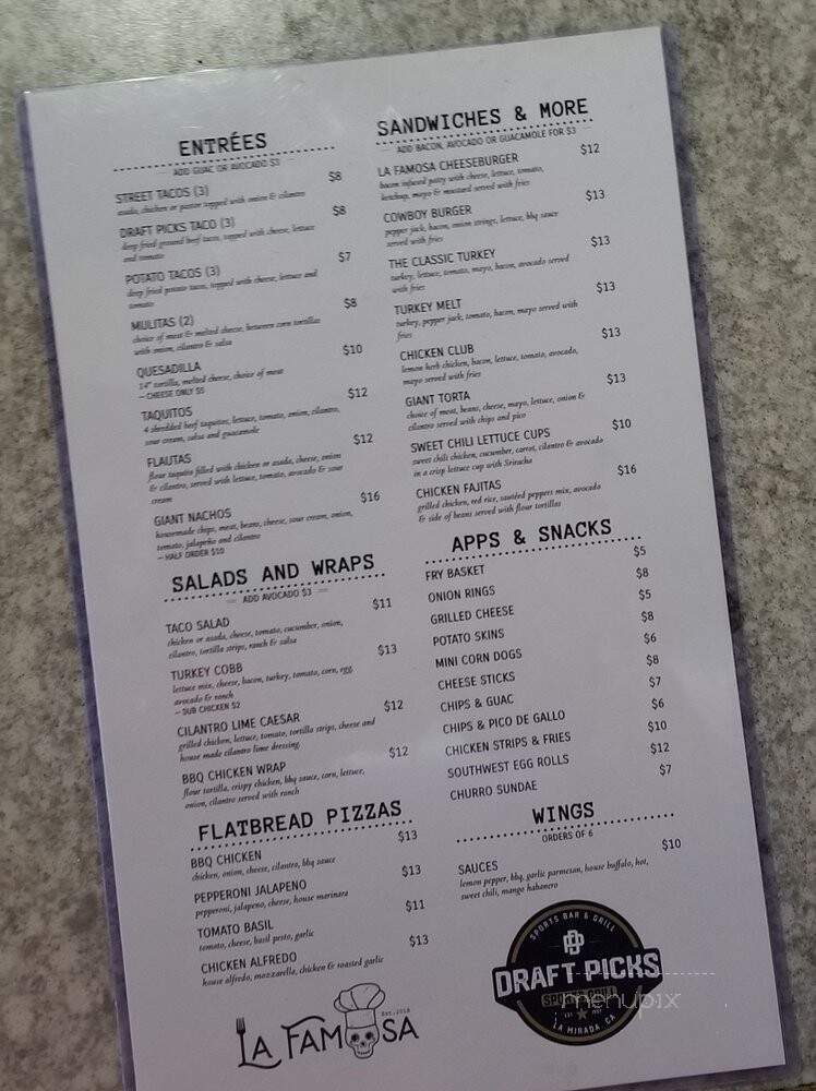 Draft Picks Sports Grill - La Mirada, CA menu_pic