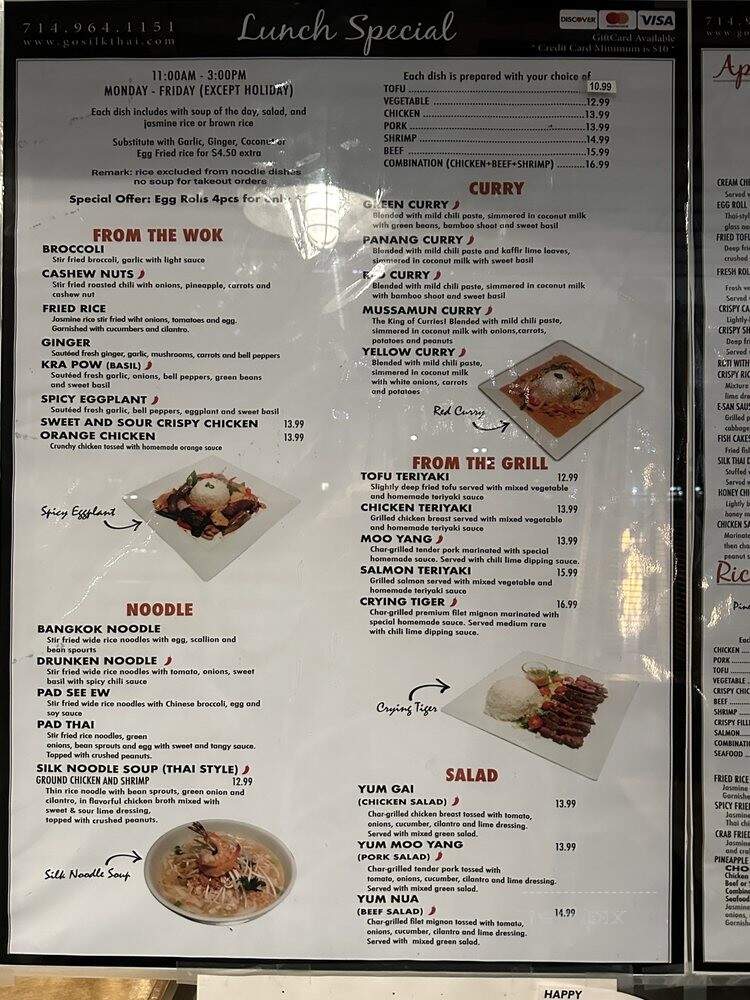 Silk Thai Cuisine - Huntington Beach, CA menu_pic