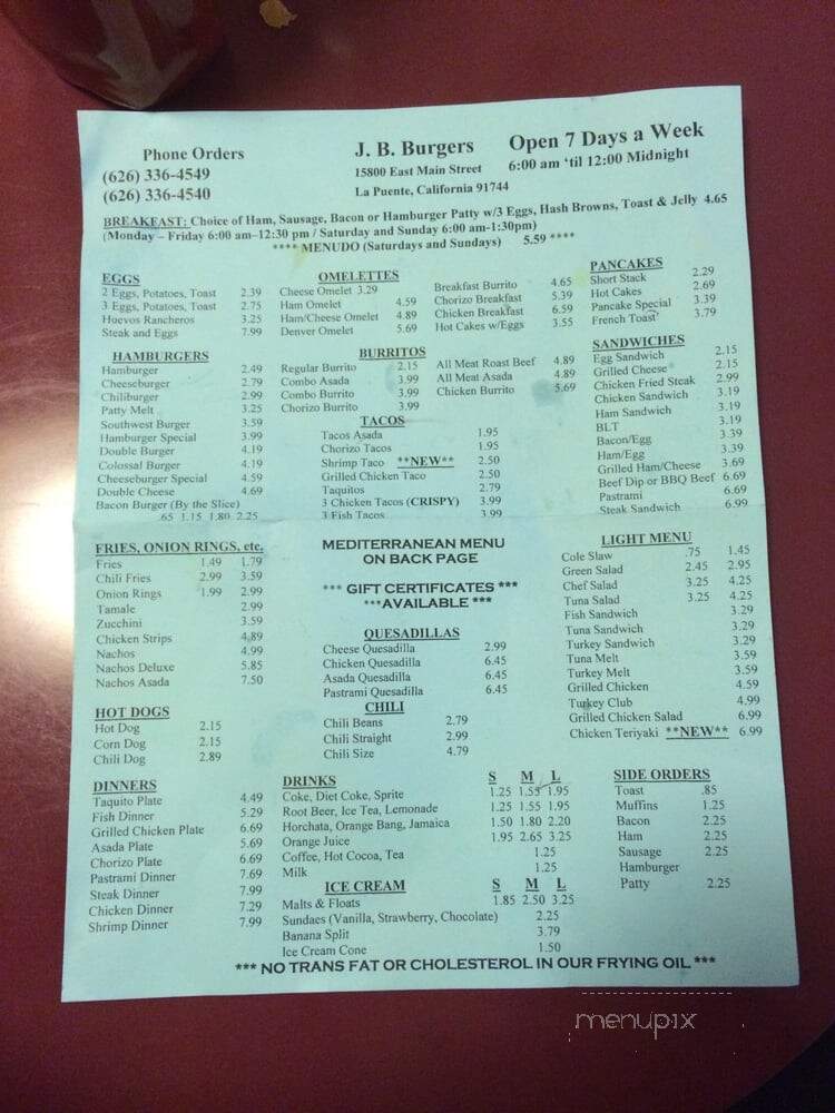 J B Burgers - La Puente, CA menu_pic