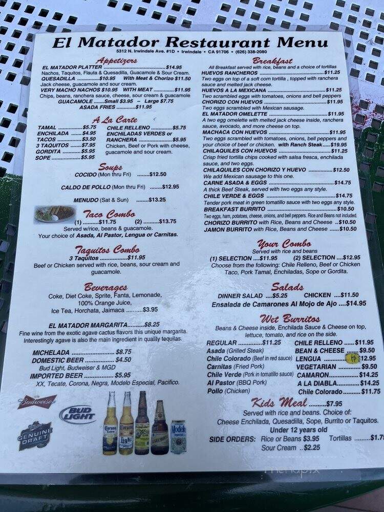 El Matador Restaurant - Irwindale, CA menu_pic