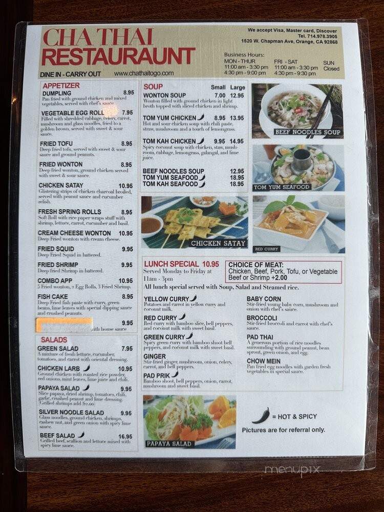 Cha Thai Restaurant - Orange, CA menu_pic
