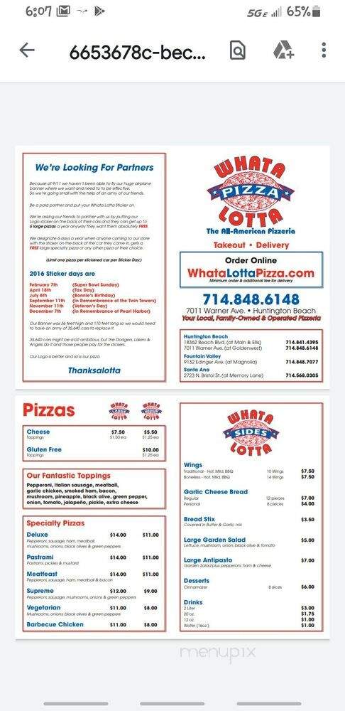 Whata Lotta Pizza - Santa Ana, CA menu_pic