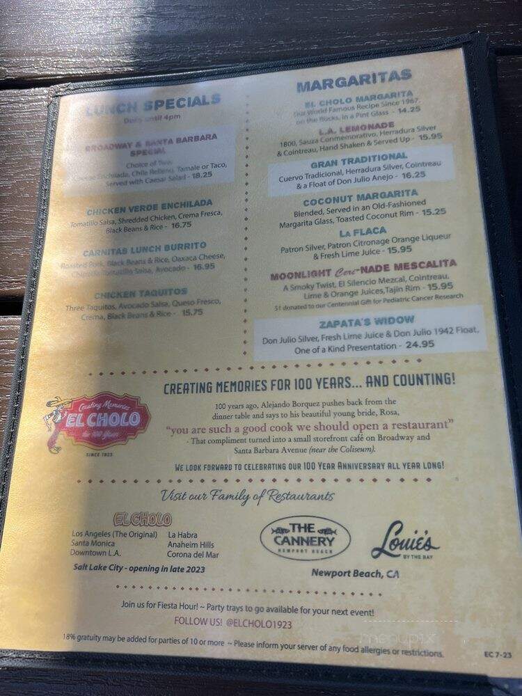 El Cholo Restaurant - La Habra, CA menu_pic