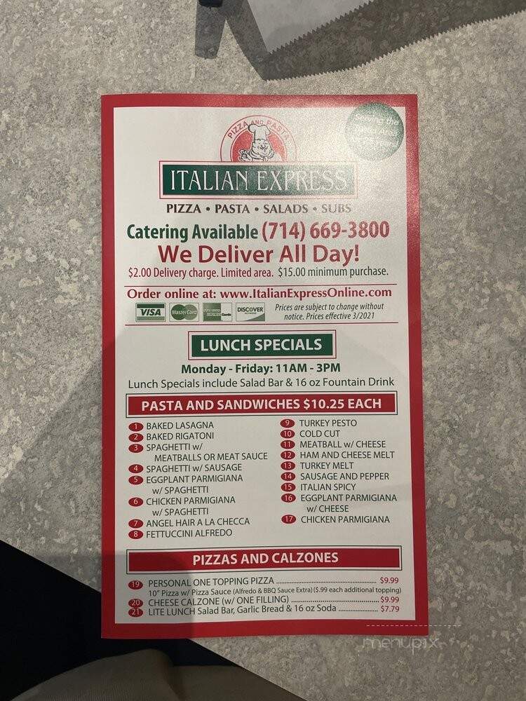Italian Express - Tustin, CA menu_pic
