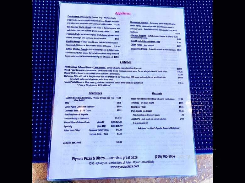 Wynola Springs - Santa Ysabel, CA menu_pic