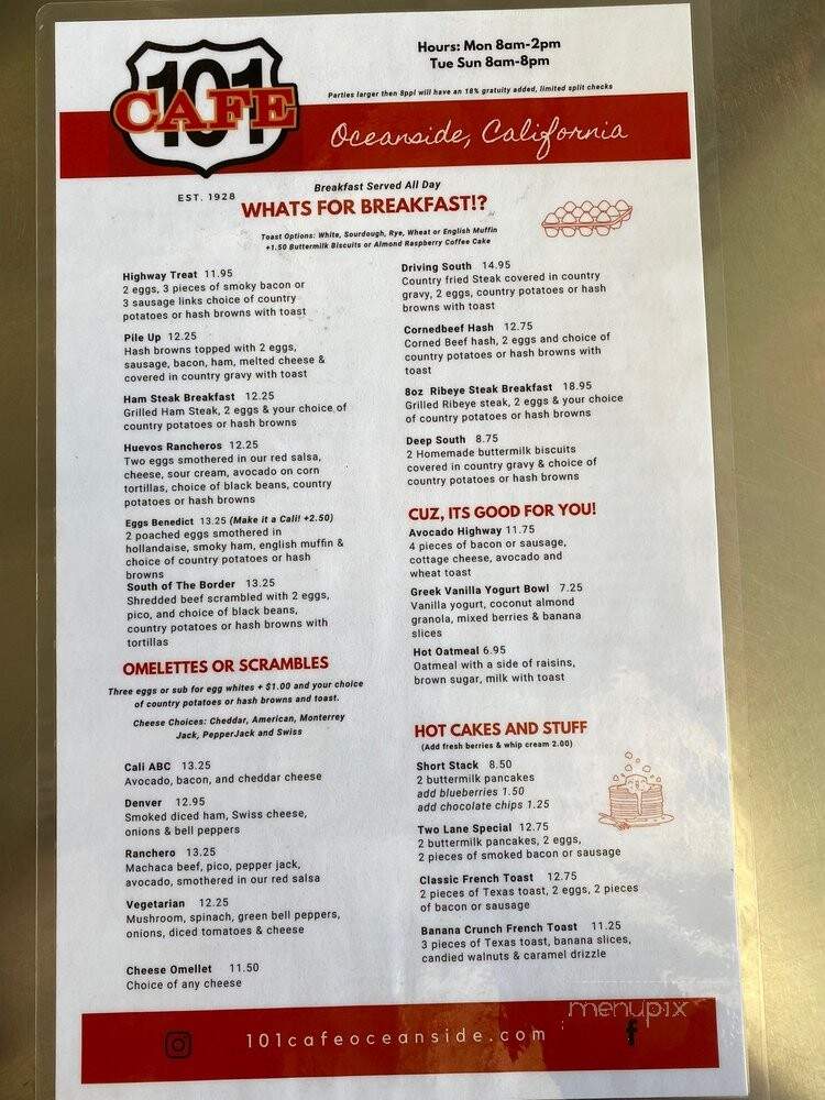 101 Cafe - Oceanside, CA menu_pic