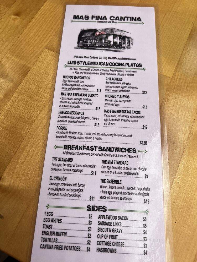 Mas Fina Cantina - Carlsbad, CA menu_pic