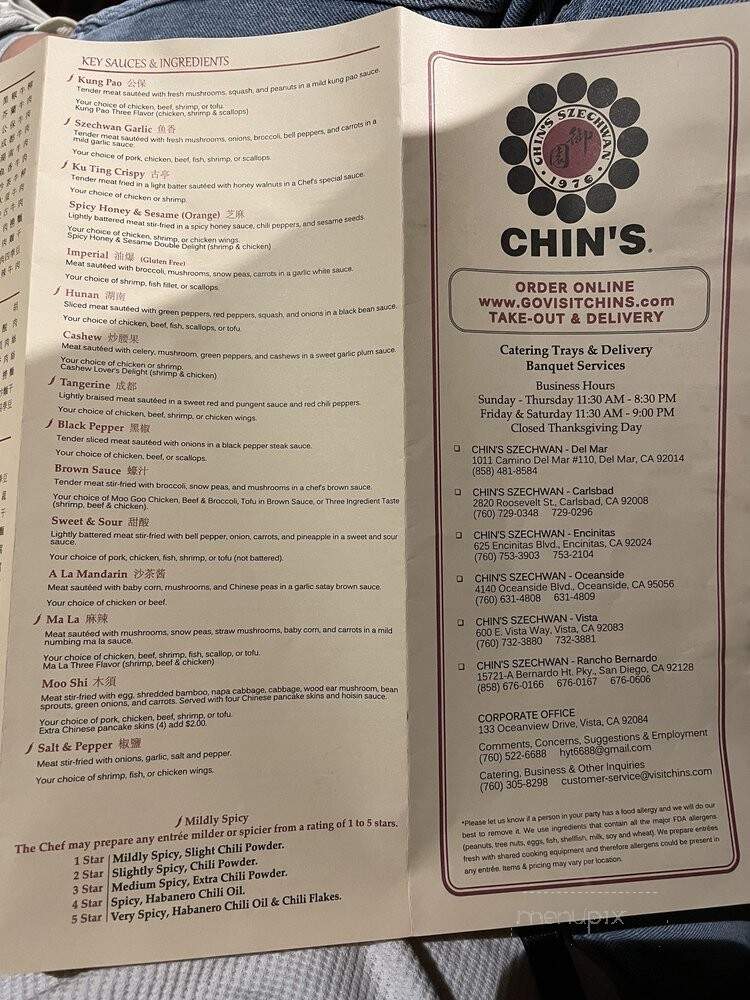 Chins Restaurant - Encinitas, CA menu_pic