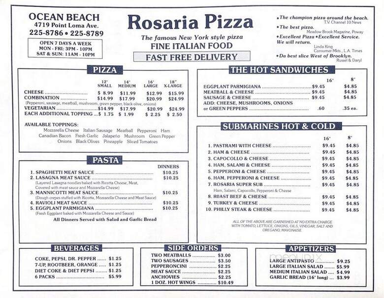 Rosaria's Pizza 4 - San Diego, CA menu_pic