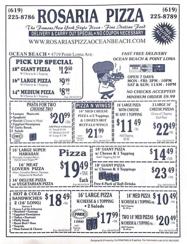 Rosaria's Pizza 4 - San Diego, CA menu_pic