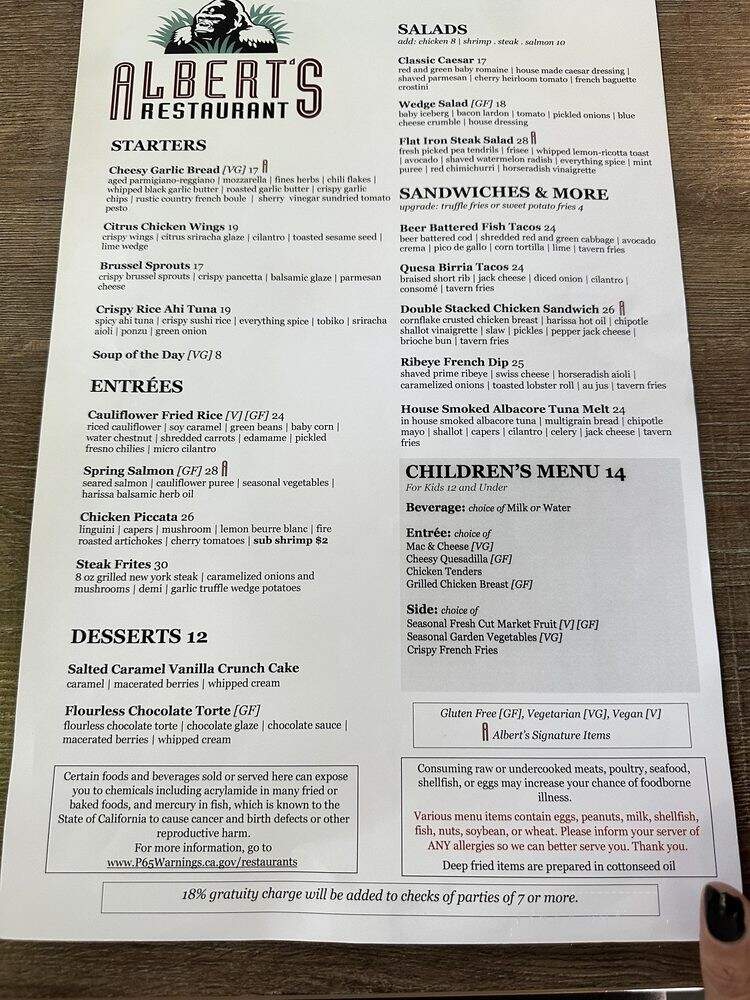 Albert's Restaurant - San Diego, CA menu_pic