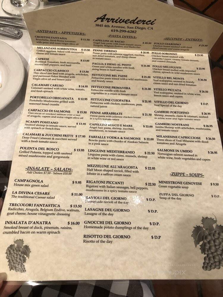 Arrivederci Italian Restaurant - San Diego, CA menu_pic