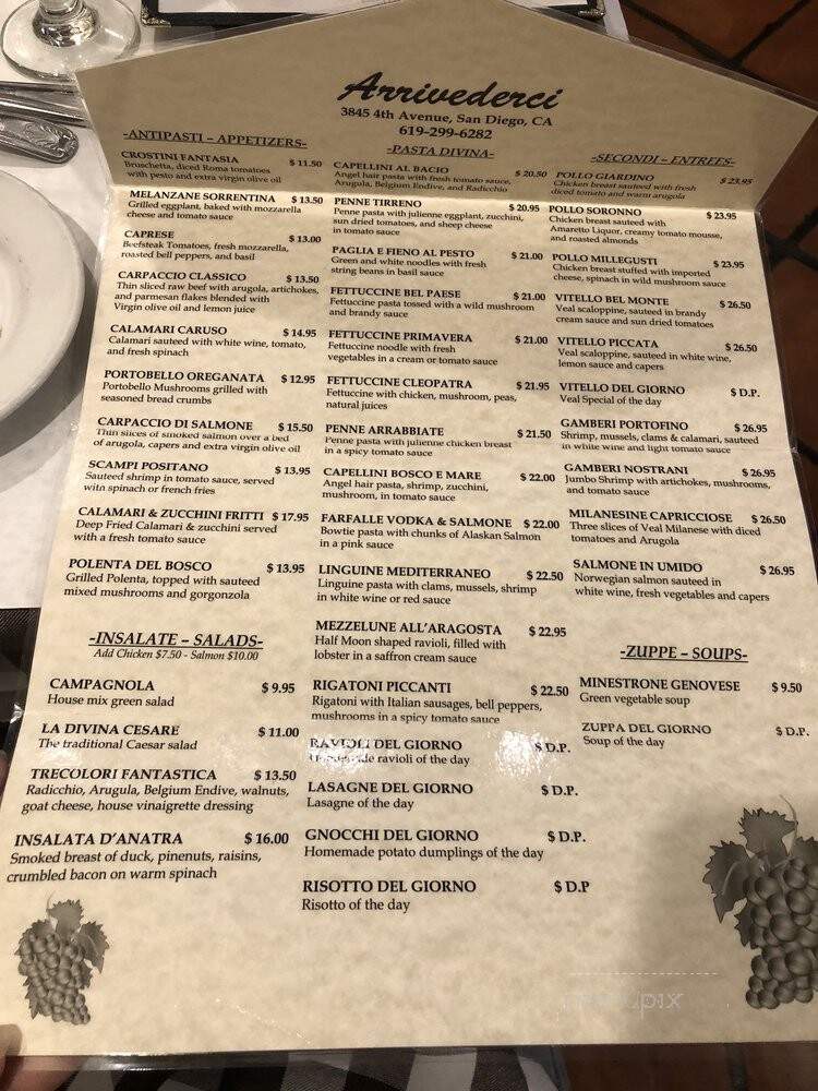Arrivederci Italian Restaurant - San Diego, CA menu_pic