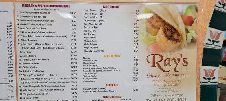 Ray's Mexican Restaurant - San Diego, CA menu_pic