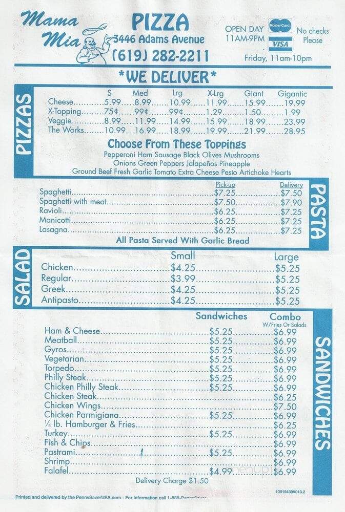 Mama Mia Pizza - San Diego, CA menu_pic