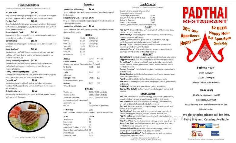 Padthai Restaurant - Escondido, CA menu_pic