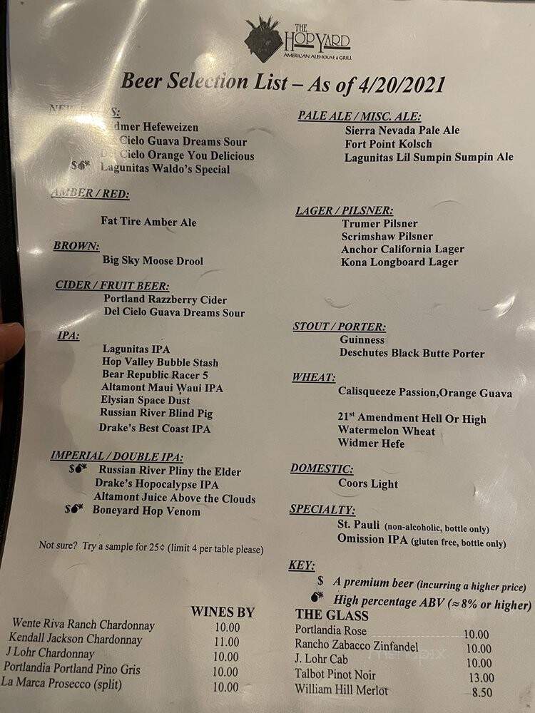 Hop Yard Alehouse & Grill - San Ramon, CA menu_pic