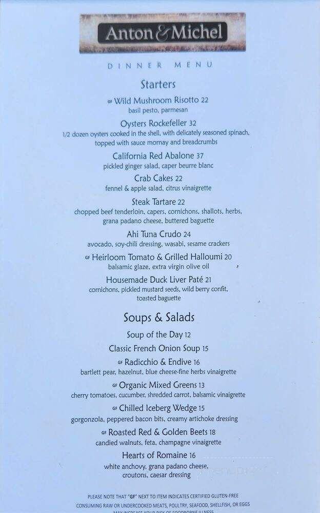 Anton & Michel Restaurant - Carmel-By-the-Sea, CA menu_pic